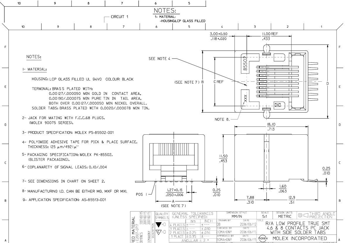 RJ45(8/8) ligzda uz šasija zema profila, SMD