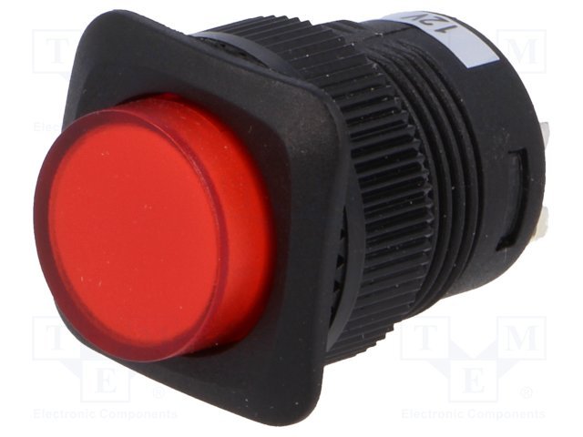 Poga SPST-NO, OFF-ON, 1.5A/250VAC, M16, LED12VDC, sarknā krasa, Ø17.5 x 18mm, ar fiksaciju