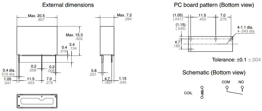 Relejs DC24V, SPST-NO, 5A/250VAC, 3A/30VDC, 2880R(8.3mA), viens kontakts uz saslēgšanu, 20.5x7.2x15.3mm, PANASONIC