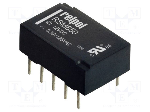 Relejs DC12V, DPDT, 2x0.5A/125VAC, 2x1A/30VDC, 1028R(11.67mA), divi kontakti uz pārslēgšanu, 14.3x9.3x5.4mm, RELPOL