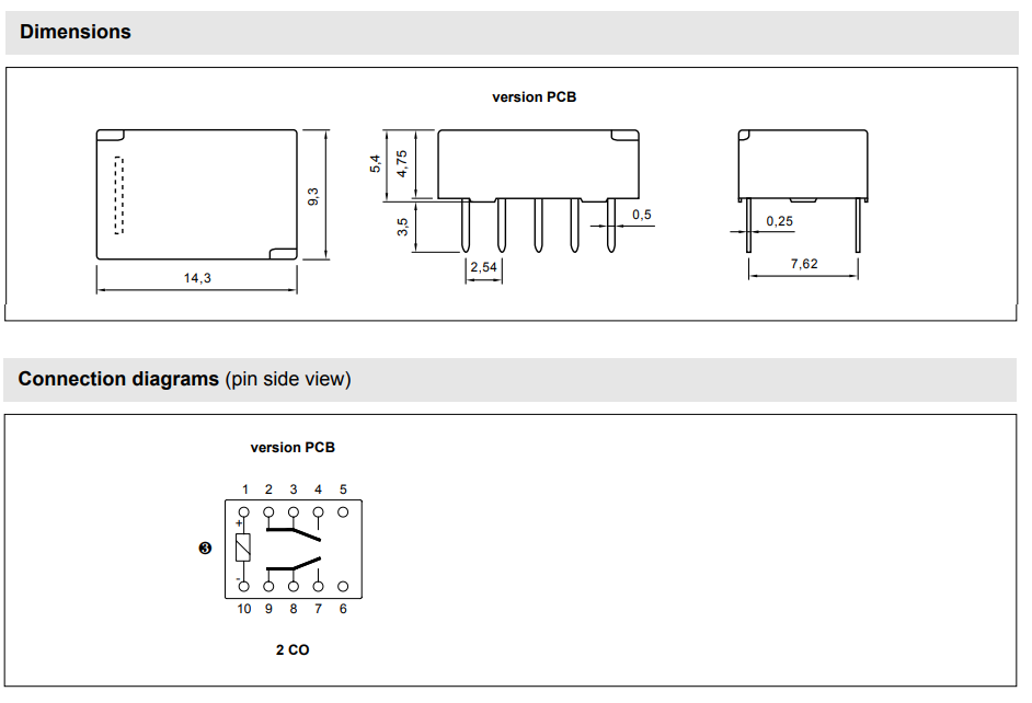 Relejs DC12V, DPDT, 2x0.5A/125VAC, 2x1A/30VDC, 1028R(11.67mA), divi kontakti uz pārslēgšanu, 14.3x9.3x5.4mm, RELPOL