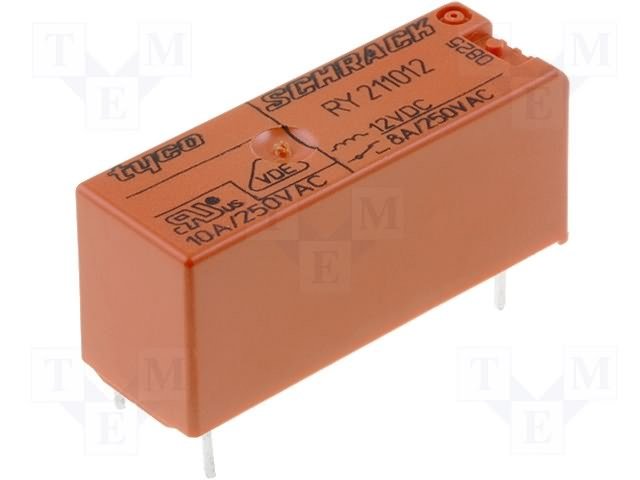 Relejs DC12V, SPDT, 8A/250VAC, 8A/30VDC, 620R(19.3mA), viens kontakts uz pārslēgšanu, 28.5x10.1x12.3mm, TE Connectivity