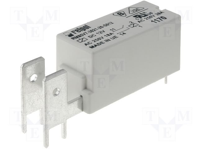 Relejs DC12V, SPST-NO, 20A/250VAC, 20A/24VDC, 580R(20.6mA), viens kontakts(6.3mm) uz saslēgšanu, 29x12.7x15.7mm, RELPOL