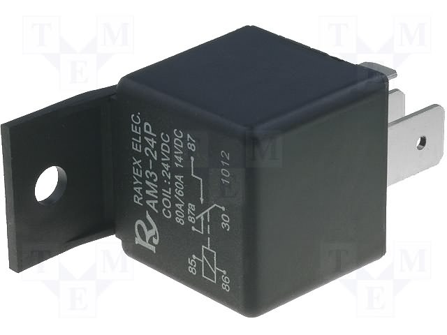 Relejs DC24V, SPDT, 60A/14VDC, 288Ω(83mA), viens kontakts uz pārslēgšanu, 28x28x25mm, RAYEX ELECTRONICS