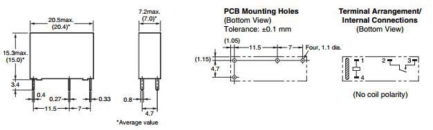 Relejs DC24V, SPST-NO, 5A/250VAC, 3A/30VDC, 2.88kΩ(8.3mA), viens kontakts uz saslēgšanu, 20.5x7.2x15.3mm, OMRON