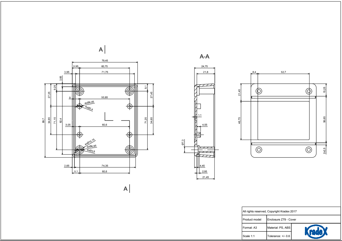 Plastmasas korpuss, 79x89x38mm, IP54, ABS, melna krasa