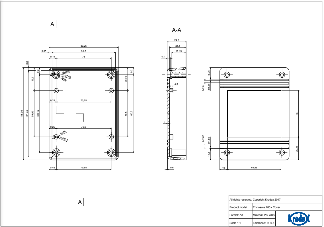 Plastmasas korpuss, 89.5x119x38mm, ABS, melnā krasa