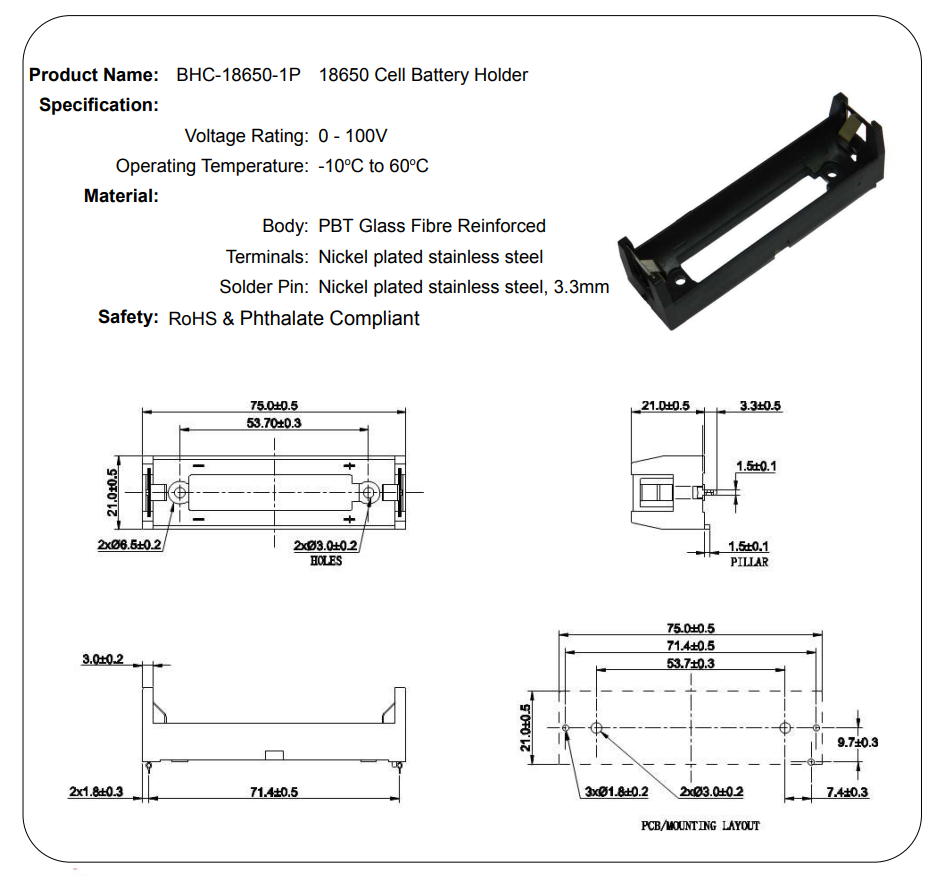 Bateriju turētājs 1xMR18650, PCB, COMF