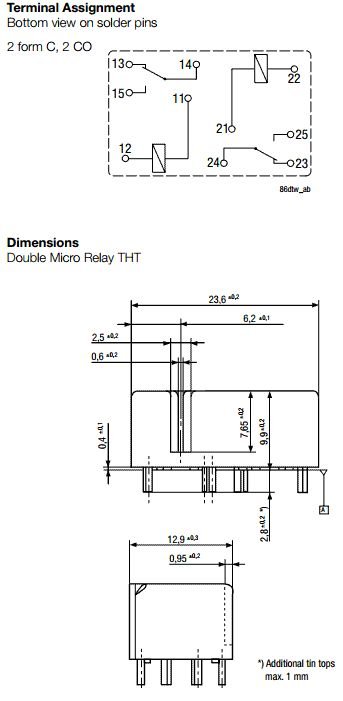 Relejs ar 2 tinumiem, 12VDC, SPDTx2, 25A/12VDC, 254R(47mA), 23.6x12.9x10.2mm, divi kontakti parallelu uz pārslēgšanu, TE Connectivity