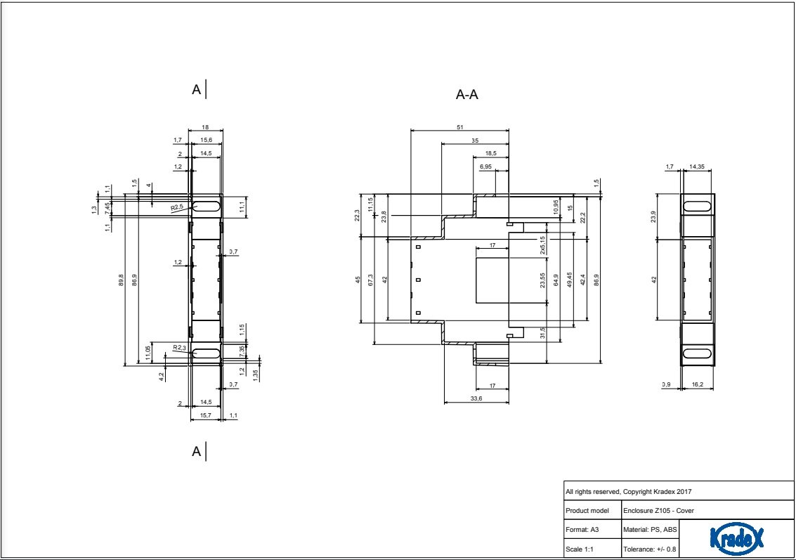 Plastmasas korpuss, 17x90x65mm, polistirens, for DIN rail mounting, peleka krasa