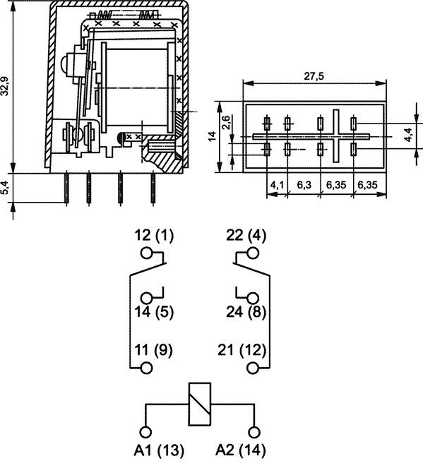 Relejs DC24V, DPDT, 2x5A/250VAC, 2x5A/24VDC, 750R(32mA), divi kontakti uz pārslēgšanu, 	27.5x14x33mm, RELPOL