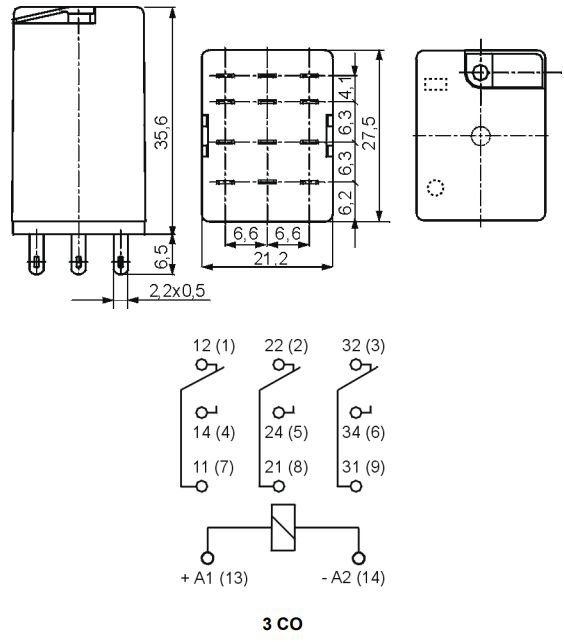 Relejs DC24V, 3PDT, 3x10A/250VAC, 3x10A/24VDC, 640Ω(37.5mA), IP40, trīs kontakti uz pārslēgšanu, 27.5x21.2x35.6mm, RELPOL