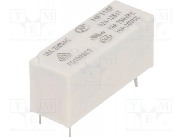 Relejs DC24V, SPDT, 10A/250VAC, 10A/30VDC, 2.35kΩ(10.2mA), viens kontakts uz pārslēgšanu, 28.5x12.5x10.1mm, HONGFA RELAY