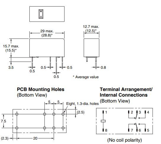 Relejs DC24V, DPDT, 2x8A/250VAC, 2x8A/24VDC, 1440Ω(16.6mA), divi kontakti uz pārslēgšanu, 29x12.7x15.7mm, OMRON