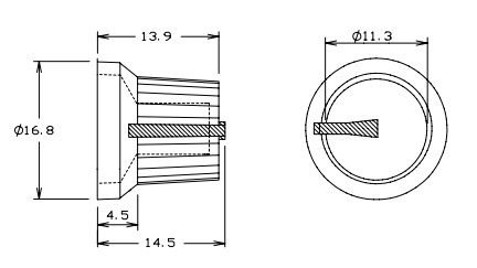 Potenciometru rokturitis Ø13x14.5mm, plastmasa, melna krasa, Ø6mm, iespiežamā, svārki Ø16.8mm, D-profils