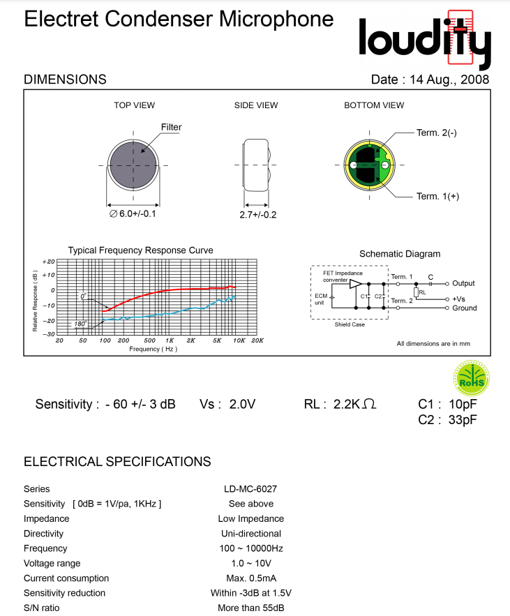 Mikrofons elektretās, lodejamas, Ø6x2.7mm, 2.2kΩ, 0.5mA, 1.0÷10V, SNR:-60dB, 100...10000Hz