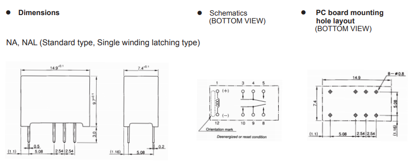 Relejs DC12V, DPDT, 0.5A/125VAC, 1A/30VDC, 1440Ω(8.3mA), divi kontakti uz pārslēgšanu, bistabilas, 14.9x7.4x9.7mm, FUJITSU