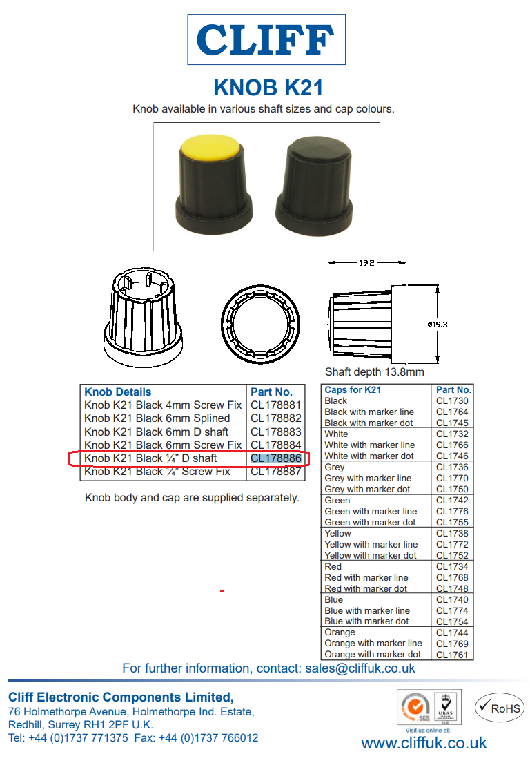 Potenciometru rokturitis Ø16.5x19.2mm, plastmasa, melna krasa, Ø6.35mm, iespiežamā, svārki Ø19.3mm, D-profils