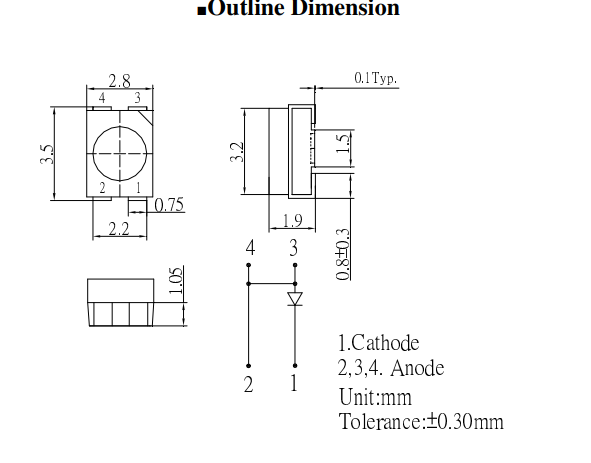 Gaismas diode SMD, dzeltens, 3528, PLCC4, 2180...2800mcd, 590nm, 2...2.6V/70mA, 120grad., kopājs katods, PLCC4