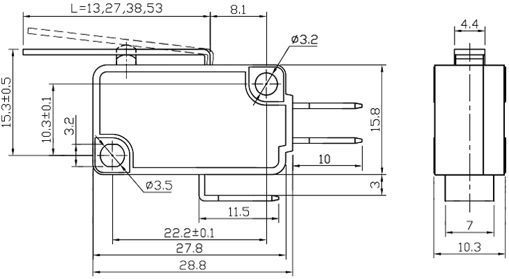 Mikropārslēdzējs ar sviru L=27mm, SPDT, ON-(ON), 10A/250VAC, IP40, 28x10.3x16mm, viens kontakts