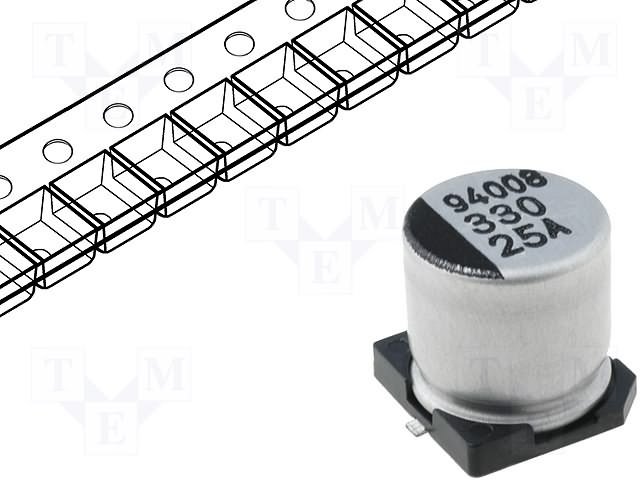 330/25V SMD 105C, Ø10x10mm, elektrolitiskais kondensators