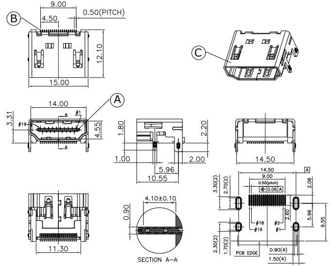 HDMI ligzda SMD, horizontals, uz šasija, 4 piestiprinājuma punkti