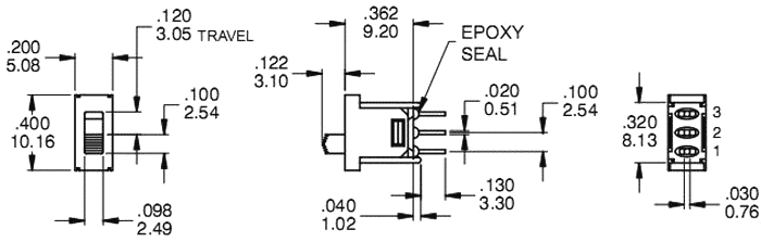 Pārslēdzējs slīdbīdņu SPDT, 3A/120VAC, 3A/28VDC, ON-ON, 10.2x5.08x9.2mm, L=3.1mm, taisns, viens kontakts uz divam stāvoklim