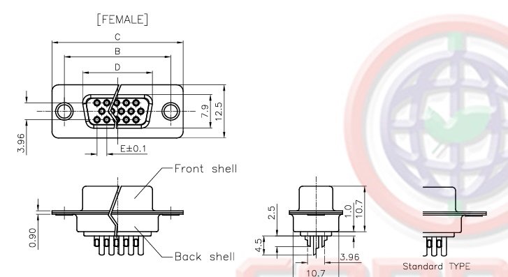 15pin (VGA), D-Sub HD, ligzda, taisns, solder type