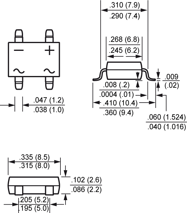 DB207S, SMD, 1000V, 2A, Taisngriežu tilts, DB-1S