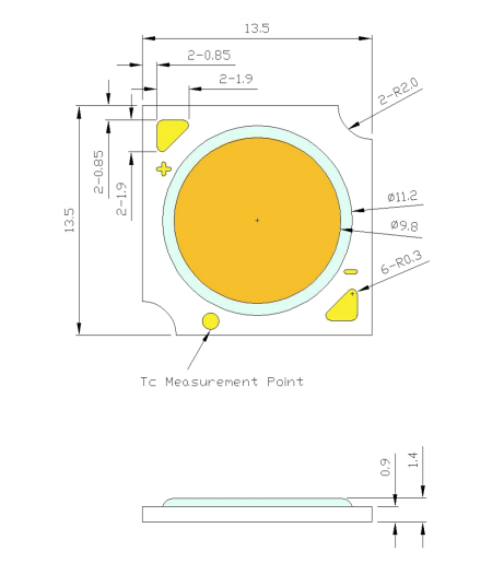 Ultra spožas gaismas diode, 27.57W, COB, 1180-2780lm, 3000(typ)K, 120grad, 33.7...38.3VDC/240...720mA, 13.5x13.5x1.4mm, silta balta