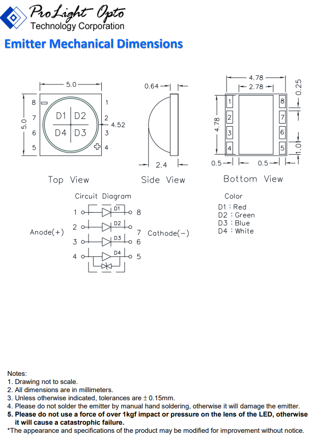 Ultra spožas gaismas diode, 15W, 2...3/3...3.7/3.2...3.9/2.8...3.6V/700mA, 120m/195lm/38lm/220lm, 155grad, EMITER quadcolour, RGBW