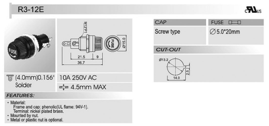 Drošinātāju turētājs 5x20mm, 10A, 250VAC, Ø13.2mm, L=36.7mm, par paneļu