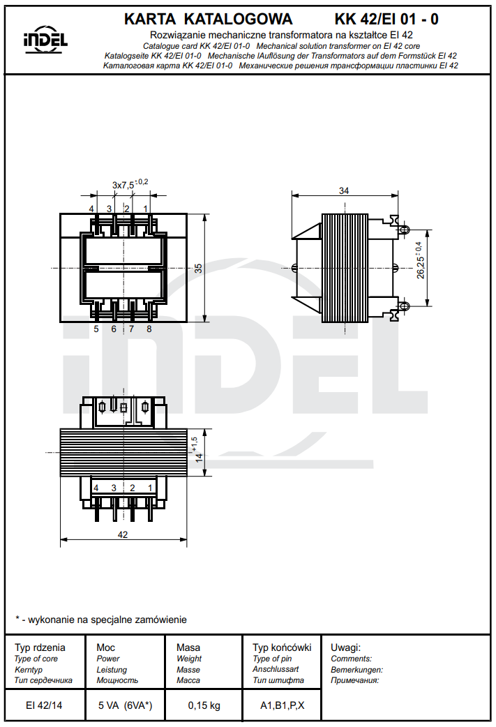 Transformators 220V=>2x18V, 2x120mA, 4VA, 42x35x34mm