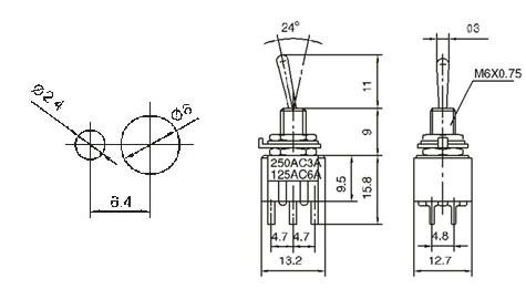 Tumblers, DPDT, ON-ON, 3A/250VAC, lodēti kontakti, M6, 13.2x12.9x9.5mm, divi kontakti uz divam stavoklim, ar fiksaciju