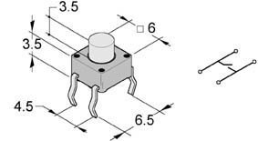 Mikroslēdzejs horizontāls, 6x6x4mm, SPST-NO, OFF-(ON), THT, 0.05A/12VDC, 1.6N, L=3.5mm