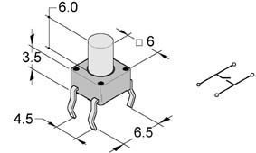 Mikroslēdzejs horizontāls, 6x6x4mm, SPST-NO, OFF-(ON), THT, 0.05A/12VDC, 1.6N, L=6mm