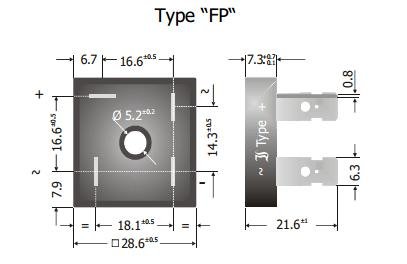 KBPC1010FP Tiltiņš 1000V 10A, palakana veida, biezums 8mm, konektori 6,3*0,8mm