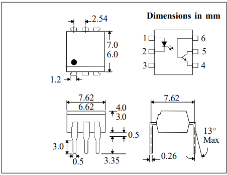 TIL111(PC111) Optrons, izeja fototranzistors, 5kv 35v 100% 3us, DIP6