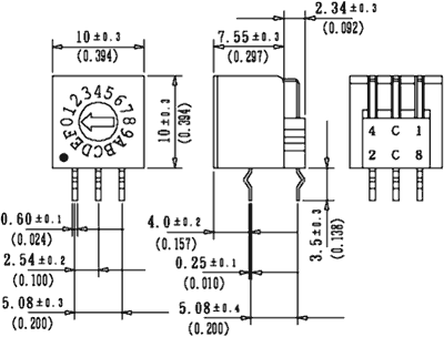 Kodēošais pārslēdzējs, Encoding switch, DEC/BCD, Positions:10, leņķisks