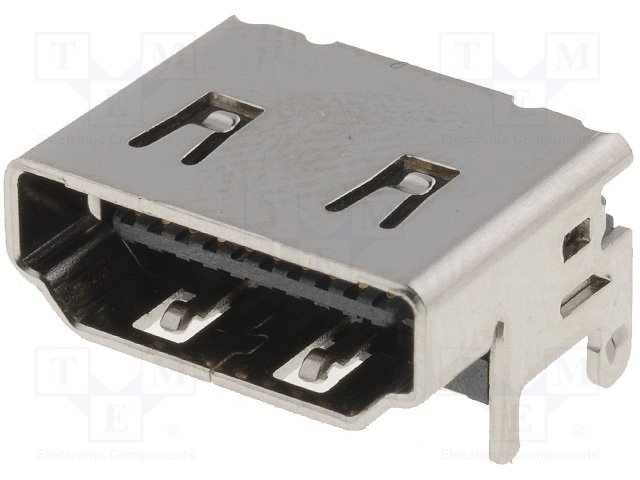 HDMI ligzda SMD, horizontals, uz šasija, 4 piestiprinājuma punkti THT