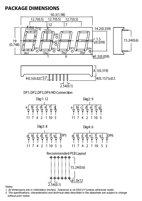 7LED indikators, ceturtkāršs, 14.2mm, 19x50mm, kopējs anods, sarkans