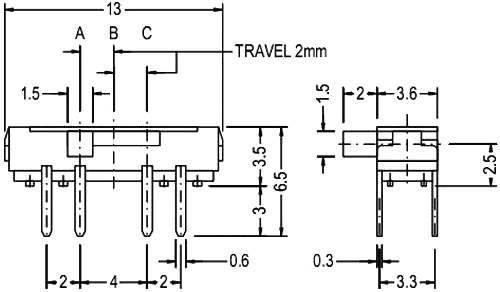 Pārslēdzējs slīdbīdņu DP3T, 0.3A/6VDC, OFF-ON-ON, 13x3.6x3.5mm, L=2mm, leņķisks, divi kontakti uz trīm stāvoklim