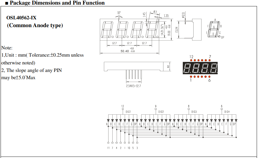 7LED indikators, ceturtkāršs, 14.2mm, 19x50mm, kopējs anods, dzeltena krasa
