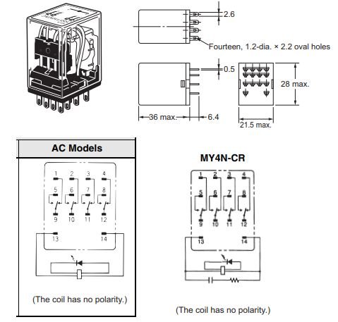 Relejs 110VAC, 4PDT, 4x5A/250VAC, 4x5A/24VDC, 4.43kΩ(24.8mA), četri kontakti uz pārslēgšanu, 28.0x21.5x36mm, OMRON