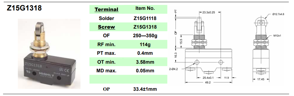 Mikropārslēdzējs ar štoku (ar ruliti), SPDT, ON-(ON), 20A/250VAC, IP40, 49.2x17.45x24.2mm, 1kontakts