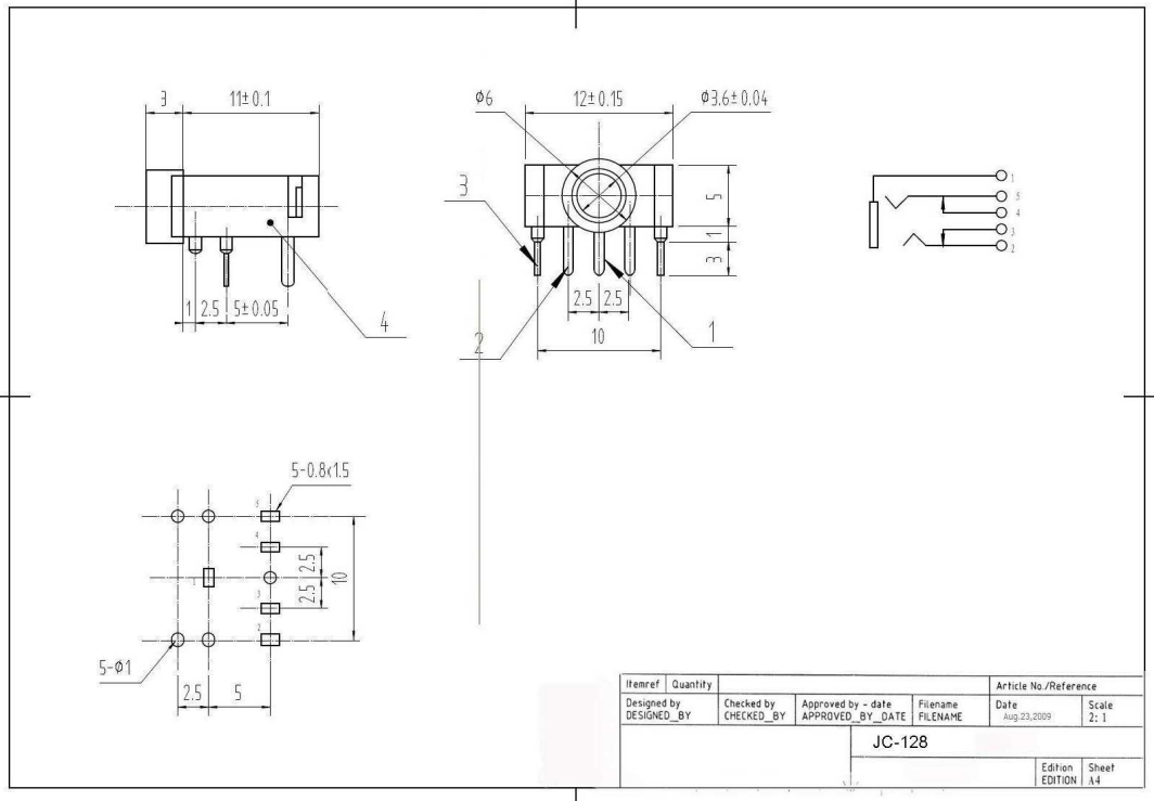 3.5mm ligzda, stereo, plastmasas, THT, 2 x on/off