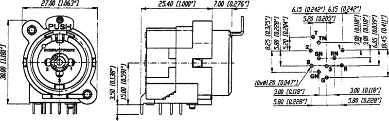 XLR 3PIN, ligzda/6.35mm ligzda, šasijai (2 skrūves), leņķa, AMPHENOL