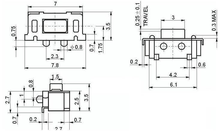 Mikroslēdzejs leņķisks, SPST-NO, OFF-(ON), 0.05A/32VDC, SMD, 7x3.5x3.5mm, 2N, L=0.8mm