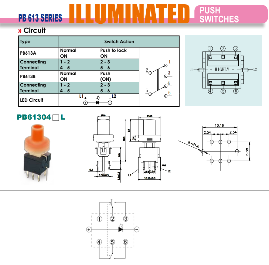 Poga DPDT, ON-ON, 0.1A/30VDC, THT, LED3.3VDC, zila krasa, 10x10x18.5mm, ar fiksaciju