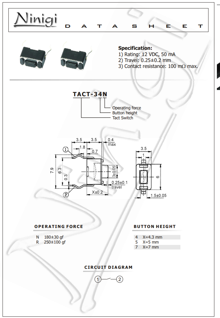 Mikroslēdzejs horizontāls, SPST-NO, OFF-(ON), 0.05A/12VDC, THT, 6x3.5x3.5mm, 1.6N, L=1.3mm
